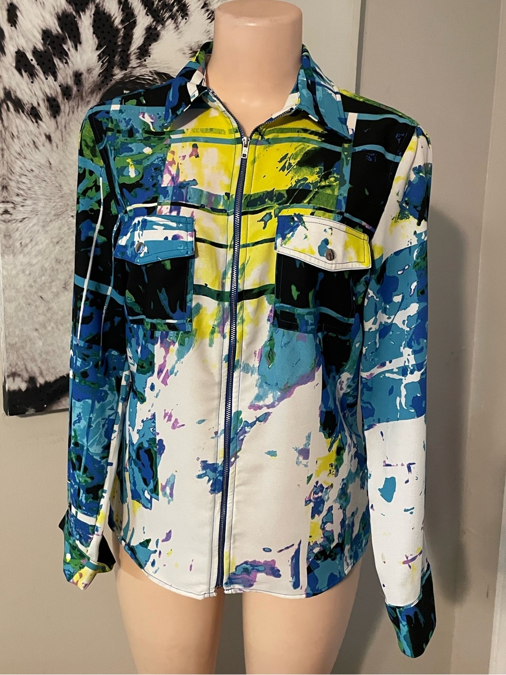 Tracy M vibrant abstract zip up utility jacket blouse vintage y2k 90s era Art Bo